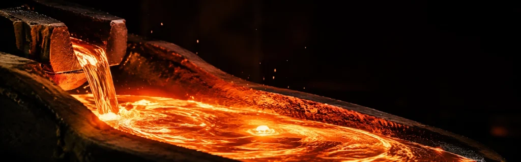 Molten non-ferrous metal pouring from a launder into a casting pool at the Loma Machine cast house